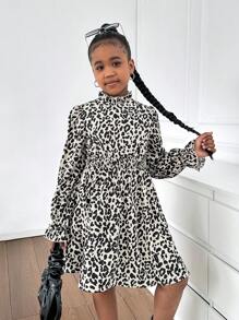 SHEIN Tween Girls Casual Woven V-Neck Long Sleeve Leopard & Ditsy Floral A-Line Dress, Suitable For Everyday Wear And Elegant Gatherings