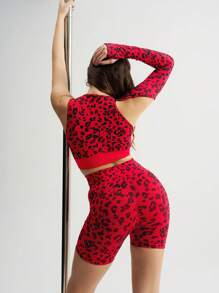 Menodora SHEIN Sport Camiseta esportiva sem costura com estampa de leopardo e regata de Natal para pole dance e uso diário
