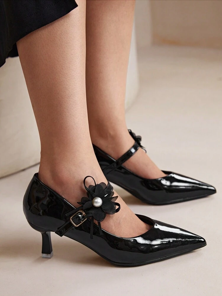 CUCCOO CURVES Women's Pearl Mesh 3D Floral Pointy Toe Low Slim Heel Elegant Wide-Fit Black High Heel Dress Shoes