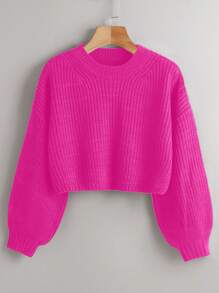Chiquease Women's Plain Crew Neck Long Sleeve Casual Pullover Sweater - Hot Pink - View 1