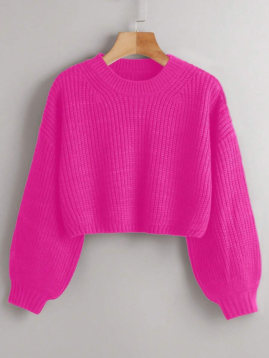 Chiquease Women's Plain Crew Neck Long Sleeve Casual Pullover Sweater - Hot Pink - View 1