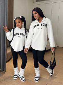 青少年女孩运动休闲连帽运动衫和紧身裤套装，妈妈和我配套服装（2 套单独出售） - 白色 - 查看 1