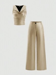 SHEIN Unity 2 件套摇领褶皱背心和直腿 PU 皮裤套装 - 卡其色 - 查看 1