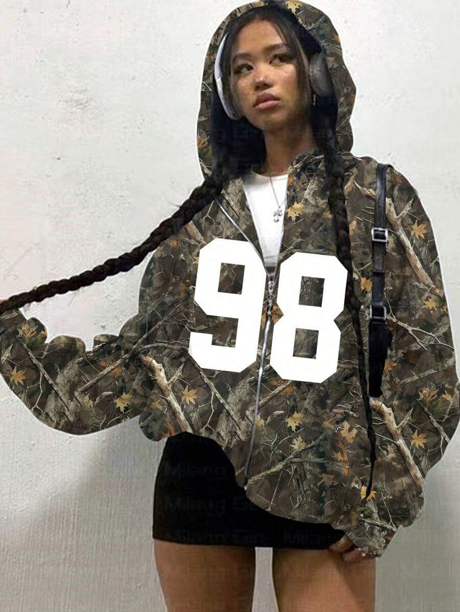INAWLY 女士数字印花拉链连帽卫衣,简约时尚,休闲日常秋季穿搭 - 彩色 - 查看 1