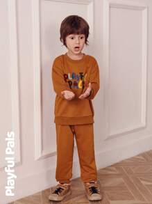 SHEIN 1 Pc Suitable Young Boys And Young Girls Sets Fun Letter Print 3D Embroidery Sweatshirt & Sweatpants Cute/Retro/Casual/Home/Outdoor Winter/Fall Outfits - Brown - View 3