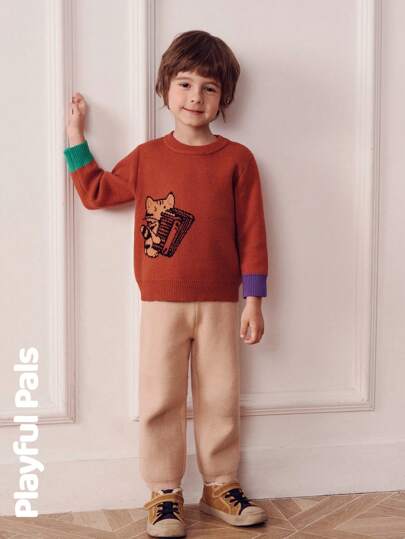 SHEIN 1 Pc Young Boys Sweater Co-Ords Fun Jacquard Crew Neck Sweater & Sweater Pants Cute/Vintage/Casual/Home/Outdoor Winter/Fall Outfits