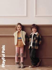 SHEIN 2 Pcs Young Boys Sets Plaid Splicing Fleece Collar Jacket & Sweatpants Cute/Retro/Casual/Home/Outdoor Winter/Fall Outfits - Multicolor - View 10