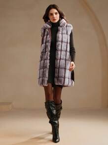 Anewsta 欧美风格蓬松时尚百搭女士仿兔毛短上衣，简约女士立体图案中长背心夹克 - 淺灰色 - 查看 7