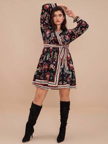 SHEIN VCAY Plus Size Front Tie Long Sleeve Printed Casual Mini Dress - Multicolor - View 3