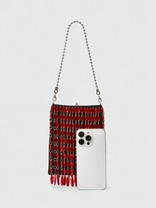 ROMWE Goth Fringe Hem Shoulder Bag, Casual Everyday Carry Bag Valentines - Black - View 3