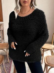 Calvaya 大码圆领长袖简约针织毛衣，休闲日常穿着，适合冬季秋季穿着。 - 黑色 - 查看 7