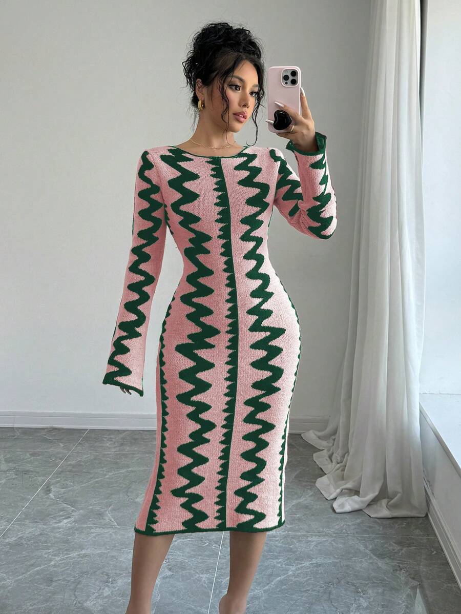 Elenzga Đầm bó sát dệt kim Jacquard thanh lịch cho nữ - Màu Hồng baby - Xem 1