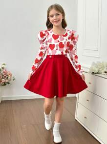 SHEIN Tween Girls Elegant Red Heart Print Gigot Sleeve T-Shirt And Metal Button Decor Ruffle Hem A-Line Skirt 2 Pieces Set