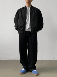 DAZY Solid Color Men's Long Sleeve Zip Front Baseball Jacket For Autumn - Black - View 3