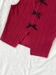 Soleia Áo ba lỗ dệt kim họa tiết màu đỏ cỡ lớn dành cho nữ, dáng ôm vừa vặn, có nơ trang trí và viền bất đối xứng, quần áo mùa đông - Đỏ - Xem 3