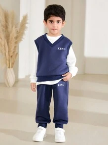 SHEIN 3pcs/Set Young Boy Fashion Outfit With Long Sleeve Sweatshirt,Letter Printed V-Neck Vest & Matching Pants,Autumn,Career Day,Back-To-School Essentials - Multicolor - View 1