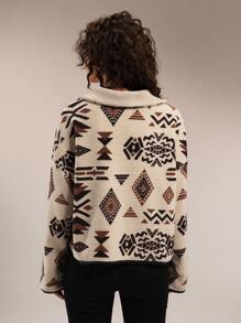 Forever 21 Women Geometric Pattern Drop Shoulder Long Sleeve Fleece Jacket, Autumn - Apricot - View 2