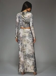 MISSGUIDED Bedrukt mesh ronde hals top met lange mouwen en bodycon maxi rok tweedelige co-ordset