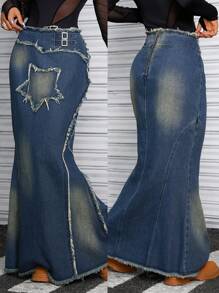 SHEIN ICON Frayed Hem Vintage Washed Denim Mini Skirt