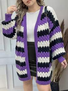 Calvaya Plus Size Women Contrast Color Textured Loose Knitted Cardigan, Casual Autumn/Winter Fall Cloth For Women