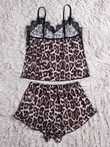 Leopard Print Lace Trim Mesh Cami Top & Shorts PJ Set / Pajama Set