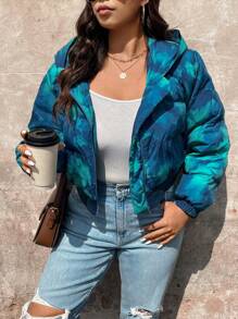 SHEIN VCAY 大码印花短款连帽棉质夹克