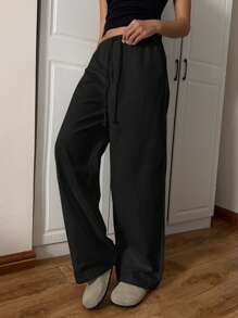 CovetEZ Women's Black Woven Casual Wide Leg Pants - Black - View 6