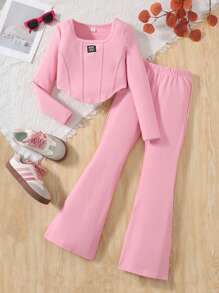 Tween Girls Sweet Sporty Solid Color Crew Neck Long Sleeve Top And Flared Pants Set