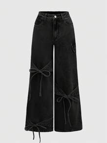 Kawaii Women's Bowknot Waist Design Loose Wide Leg Jeans, Versatile Black - Black - View 1