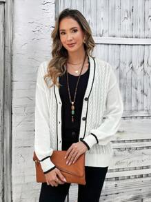 Versátil cardigan de mujer blanco invierno con botones para el Día de Acción de Gracias - Blanco y Negro - Ver 5