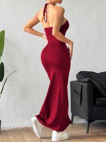 SHEIN PETITE Halter Neck Criss-Cross Backless Hollow Out Slit Dress, Sexy Burgundy Maxi Women Outfit