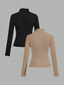 SHEIN EZwear 2 件黑色和卡其色修身长袖休闲 T 恤，秋冬款 - 彩色 - 查看 2