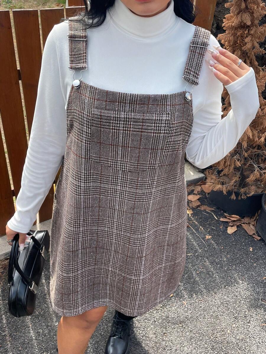 SHEIN EZwear 大码女式冬季连衣裙、休闲连衣裙、棕色千鸟格编织紧身毛衣连衣裙
