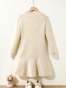 Tween Girls Fitted Turtleneck Fleece Splice Ruffle Trim Button Decor Long Sleeve Dress For Fall/Winter, Casual Fashion - Apricot - View 2