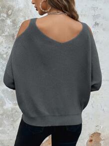 SHEIN Clasi 大码正面扭结 V 领长袖露肩毛衣 - 灰色 - 查看 2