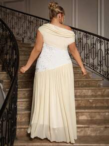 SHEIN VCAY 大码女式花卉刺绣不对称领长款优雅连衣裙 - 杏色 - 查看 2