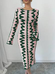 Elenzga Đầm bó sát dệt kim Jacquard thanh lịch cho nữ - Màu Hồng baby - Xem 4