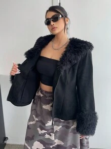 Flirla Plus Size Fashionable Jacket, Suitable For Autumn/Winter Back To School, Daily Wear, Campus Style, Fashionable, Casual, V-Neck Design Slightly Sexy, Charming - Black - View 3