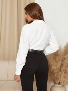 SHEIN Clasi 女士优雅蝴蝶结装饰长袖白色衬衫，秋季 - 白色 - 查看 2