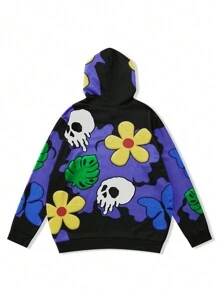 Manfinity EMRG 男士休闲拼色花卉和骷髅印花羊毛连帽衫，秋冬款