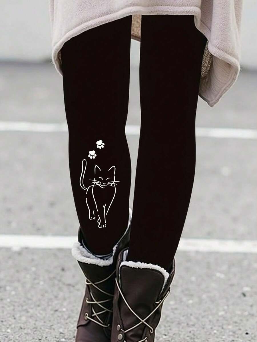 Calvaya 大码女式猫咪印花紧身裤，适合秋季和女士服装 - 黑色 - 查看 1