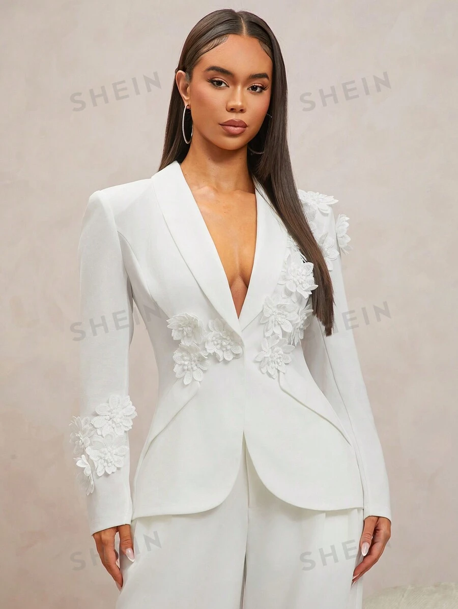 SHEIN SXY Traje de chaqueta sexy y ceñido para mujer con decoración de flor tridimensional en la parte superior, ideal para fiestas navideñas y de temporada de otoño e invierno.