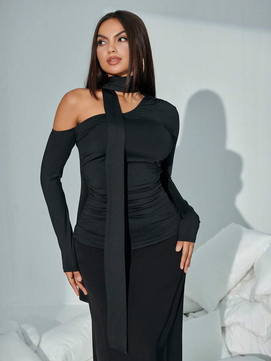 SHEIN SXY Autumn Winter Black Asymmetrical Off Shoulder Long Sleeve Top With Detachable Long Streamer Collar