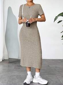 SHEIN EZwear Váy bo gân cổ tròn tay ngắn cho nữ, mặc thường ngày - Màu be - Xem 3