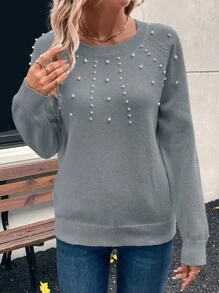 EMERY ROSE Women's Round Neck Long Sleeve Casual Sweater With Faux Pearl Decor In Fall/Winter - Light Grey - View 6