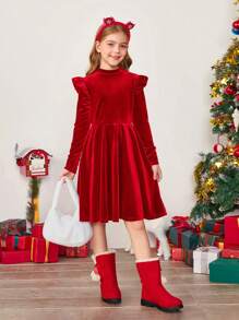 Tween Girl Solid Color Velvet Knit Ruffle Trim Long Sleeve Red Dress, Suitable For Kid Christmas - Red - View 6