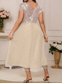 SHEIN Belle Plus Size Women's Sequined Mesh Insert Cap Sleeve Bodycon Dress Maxi Women Outfit