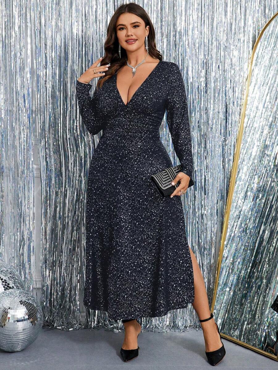 SHEIN Clasi 大码 V 领长袖休闲开衩直筒连衣裙