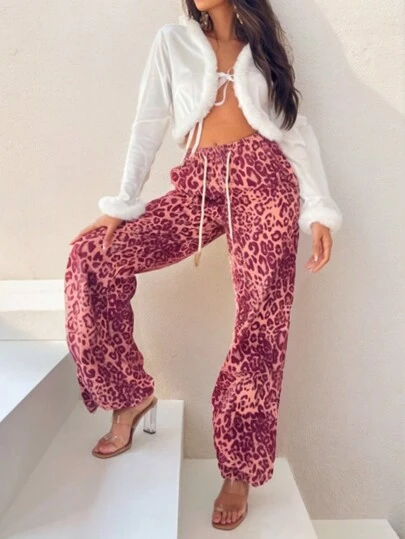 INAWLY Plus Size Fashionable Leopard Print Drawstring Cuffed Casual Sweatpants Fall Cloth For Women