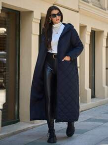 EURMUSE Women's Simple Padded Hooded Long Winter Coat - Navy Blue - View 7